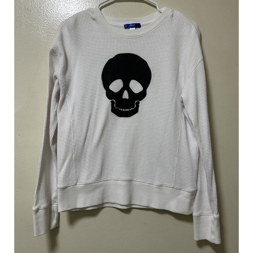 Aqua Athletic Women's Waffle Knit White Long Sleeve Top Skull Graphic - Size S